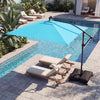 Turquoise 8 x 8 ft solar LED offset cantilever patio umbrella with 360° rotation, providing shade by the poolside.