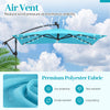 Turquoise 8 x 8 ft solar LED offset patio umbrella with 360° rotation and air vent for outdoor shade and stability.