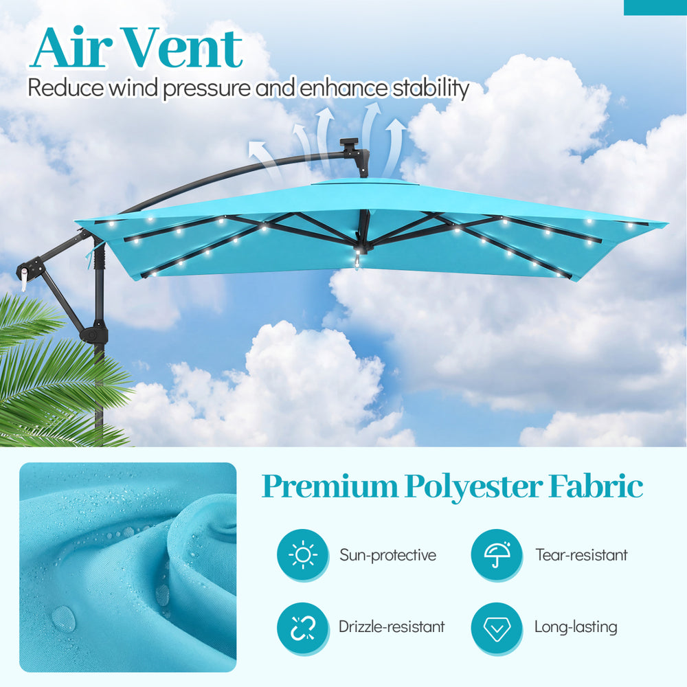 Turquoise 8 x 8 ft solar LED offset patio umbrella with 360° rotation and air vent for outdoor shade and stability.