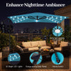 Turquoise 8 x 8 ft solar LED offset patio umbrella with 360° rotation, providing spacious shade and nighttime.