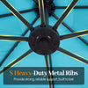 Heavy-duty metal ribs support the turquoise 8 x 8 ft solar LED offset patio umbrella for reliable outdoor shade.