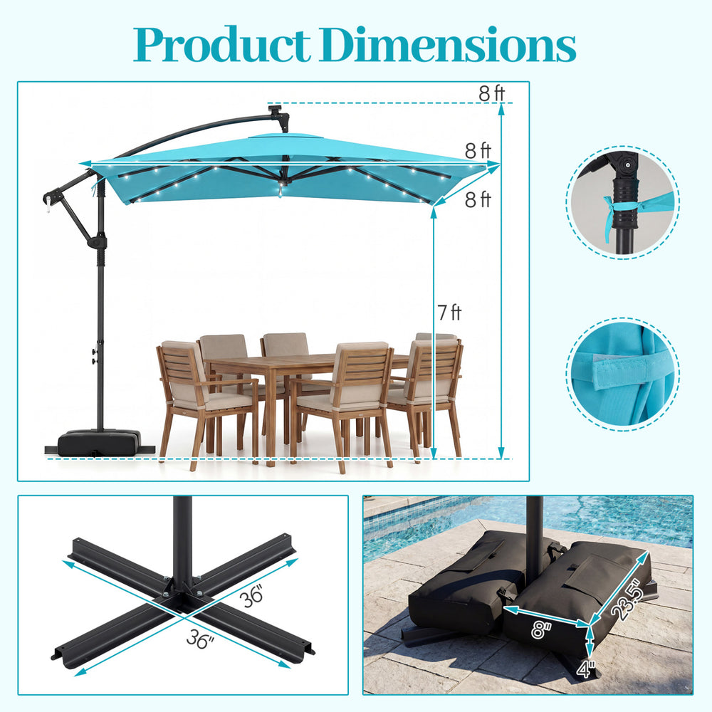 Turquoise 8 x 8 ft solar LED offset cantilever patio umbrella with 360° rotation, ideal for outdoor gatherings.