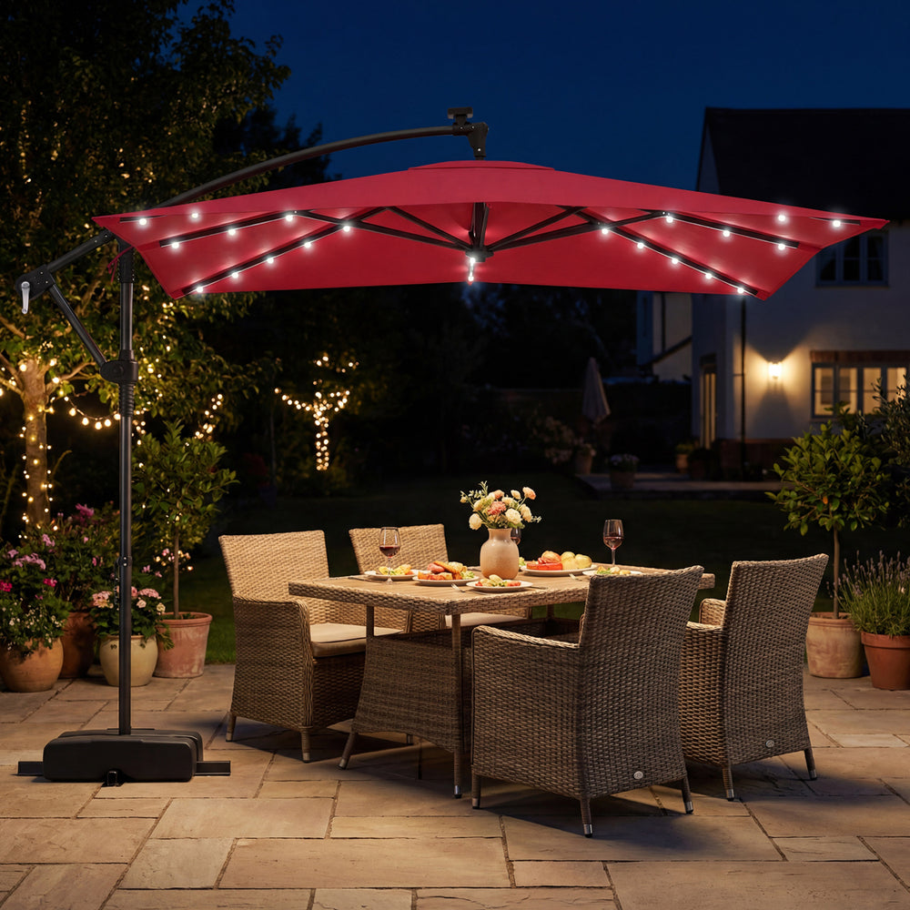 8 x 8 Square FT Solar LED Offset Cantilever Patio Umbrella with 360° Rotation-Red - Gallery View 1 of 10