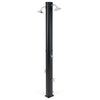 Solar heated outdoor shower in black with dual shower heads and foot showers, ideal for poolside or beach use.