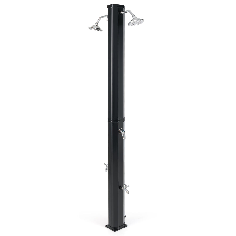 Solar heated outdoor shower in black with dual shower heads and foot showers, ideal for poolside or beach use.