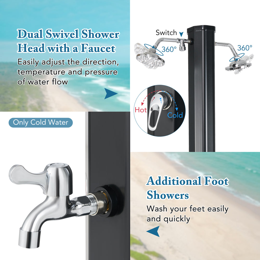 Dual swivel shower heads on a 9.3-gallon solar heated outdoor shower for poolside and beach use.
