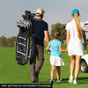 Lightweight 9.5-inch black golf cart bag with 15-way top dividers and multiple pockets, ideal for transporting clubs.