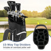 Lightweight black golf cart bag with 15-way top dividers and oversized putter well, designed for easy transport and.