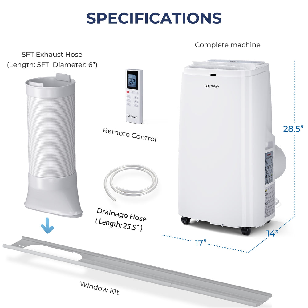 Portable air conditioner with remote control, 12000 BTU cooling capacity, and quick-install window kit for easy setup.
