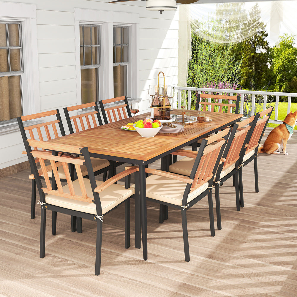 9-piece patio dining set featuring a spacious acacia wood tabletop and 8 comfortable armchairs for outdoor gatherings.