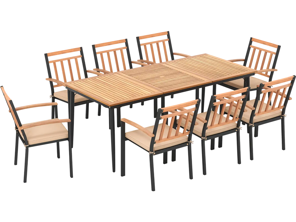 9-Piece Patio Dining Set with 8 Wooden Armchairs