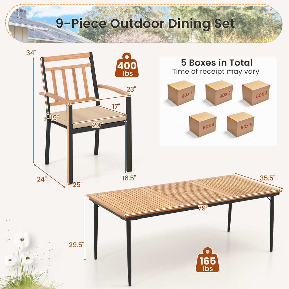 9-piece patio dining set featuring a spacious slatted tabletop and 8 acacia wood armchairs for outdoor gatherings.