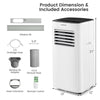 9000 BTU air conditioner with remote control, window kit, and drainage hoses for easy installation and cooling.