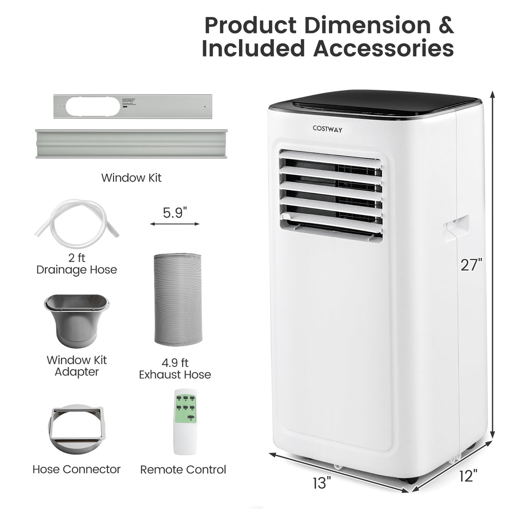 9000 BTU air conditioner with remote control, window kit, and drainage hoses for easy installation and cooling.