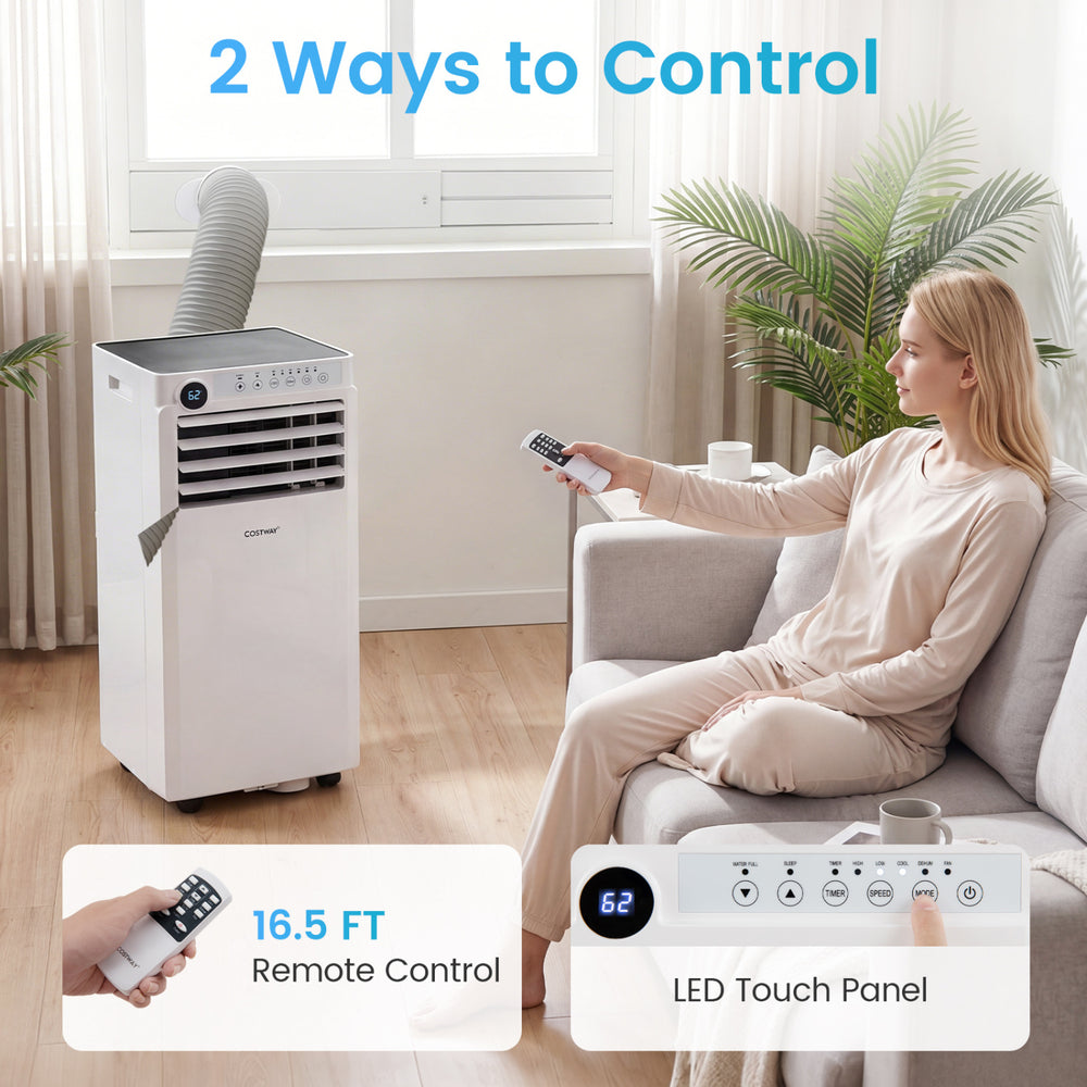 9000 BTU portable air conditioner with remote control and LED touch panel, ideal for efficient cooling in various spaces.