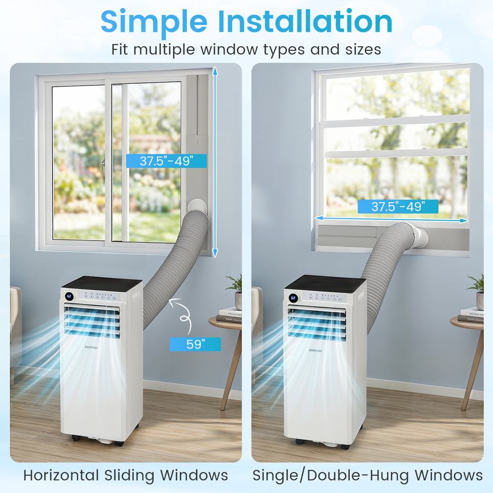 9000 BTU portable air conditioner with dehumidifier, featuring simple installation for horizontal and double-hung windows.