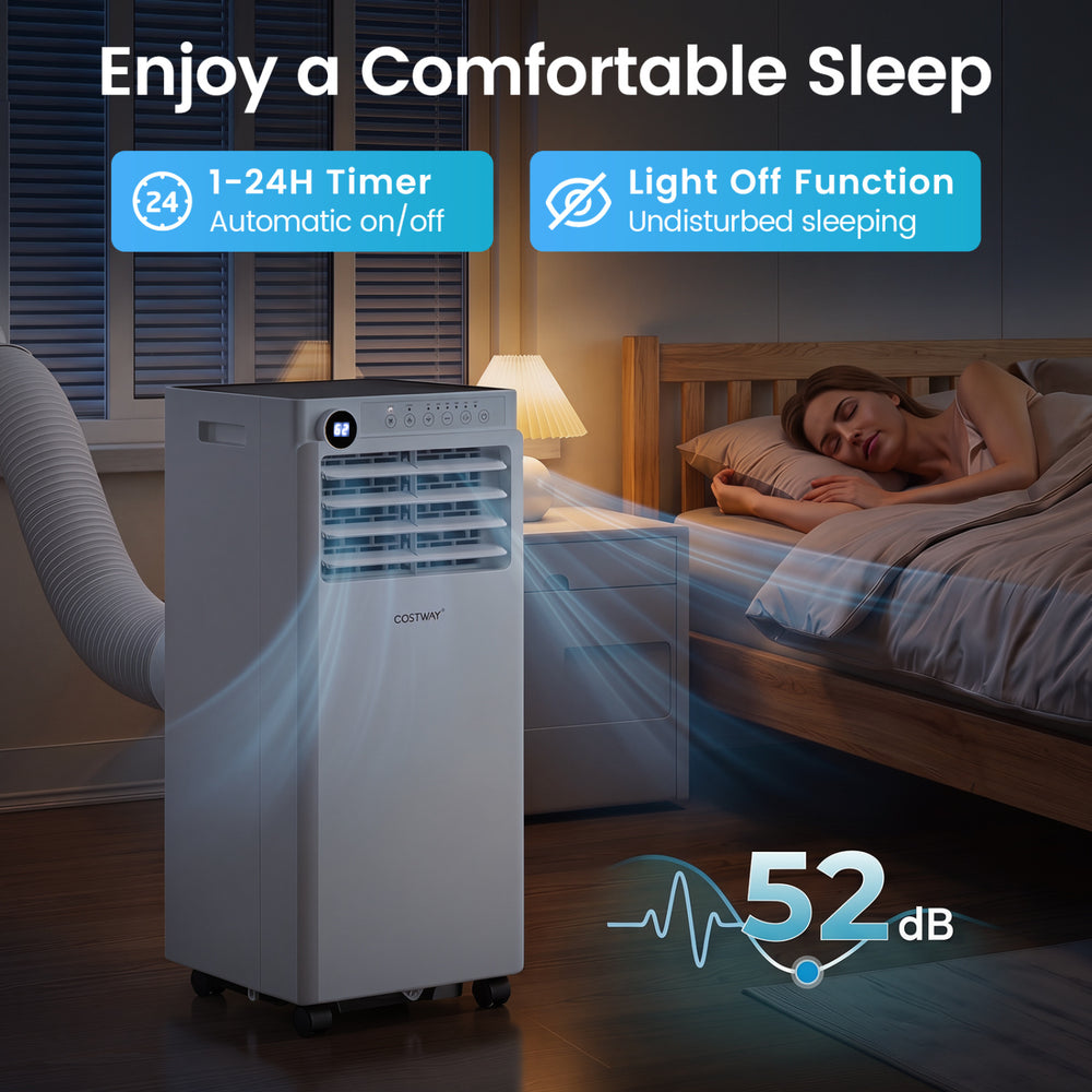 9000 BTU portable air conditioner in white with 24H timer and dehumidifier function for efficient cooling and comfort.