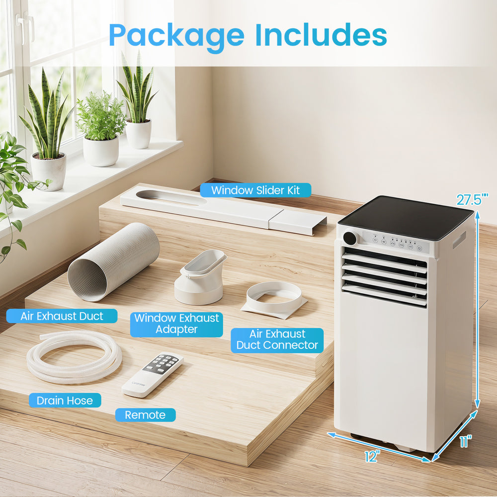 9000 BTU portable air conditioner with remote, window kit, and exhaust duct, ideal for efficient cooling in various spaces.