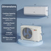 Airtural Series 9100 BTU mini split AC unit with dimensions, showcasing cooling and heating capacities for large rooms.