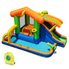 Inflatable bounce house water park showing the vibrant slide and water cannon for exciting summer play and splashes.