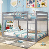 Gray full over full low-to-ground bunk bed with guardrails and integrated ladder, ideal for kids' rooms.