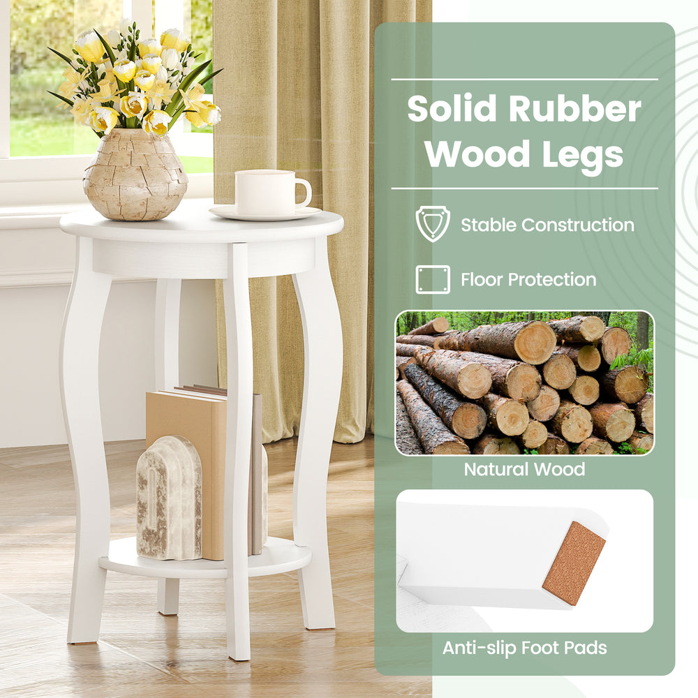 Round 2-tier end table with white finish, rubber wood legs, and storage shelf for living room or bedroom use.