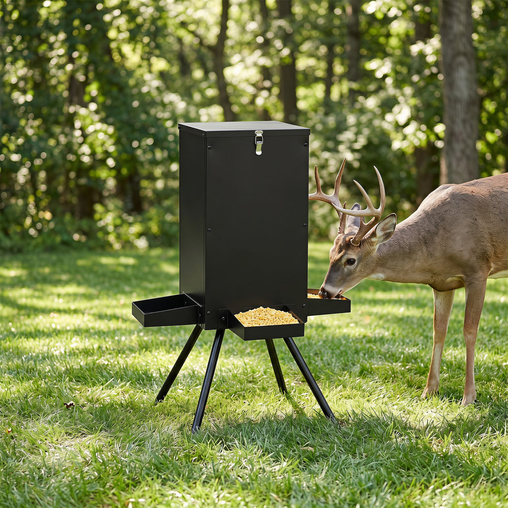 Gravity deer feeder with a 90LB capacity, four feeding trays, and a stable black 4-leg stand for outdoor use.