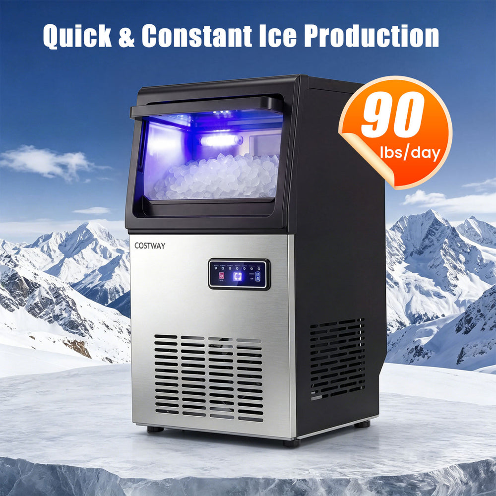 Close-up of the 90 LBS/24H commercial nugget ice maker's ice outlet and transparent door for easy access and visibility.