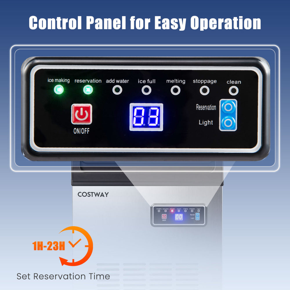 Control panel of the 90 LBS/24H Commercial Nugget Ice Maker featuring easy operation and reservation time settings.