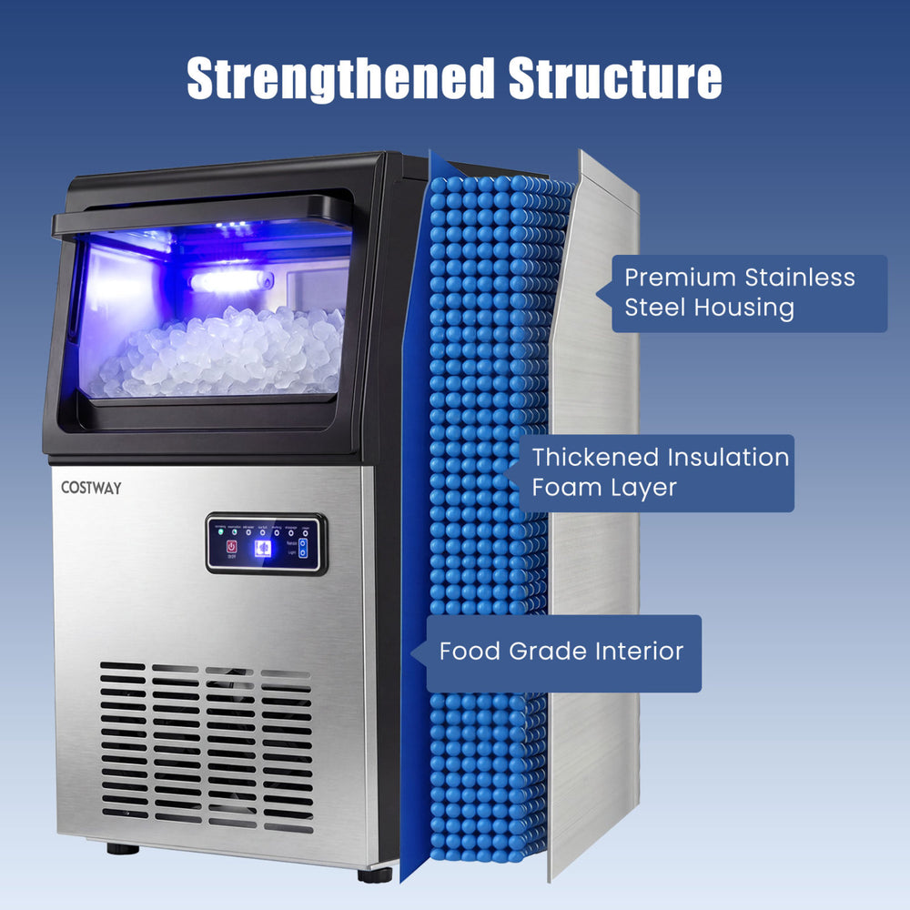 Commercial nugget ice maker with stainless steel housing, self-cleaning feature, and intuitive control panel for easy.