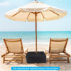 Black 90 lbs sand-fillable umbrella base weight with adjustable strap, ideal for securing various umbrella types at the.