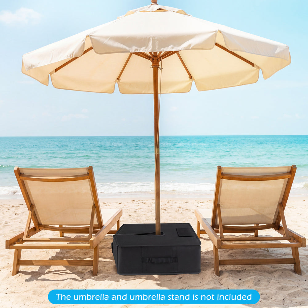 Black 90 lbs sand-fillable umbrella base weight with adjustable strap, ideal for securing various umbrella types at the.