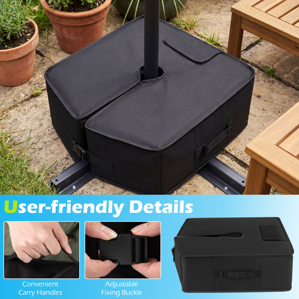 Sand-fillable umbrella base weight in black with adjustable fixing strap and convenient carry handles for easy.