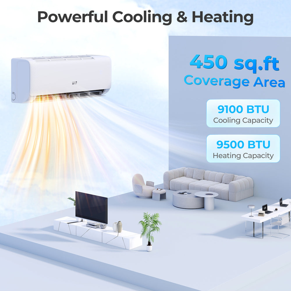 Airtural Series 9100 BTU mini split AC unit with 450 sq.ft coverage, offering cooling, heating, and smart control.