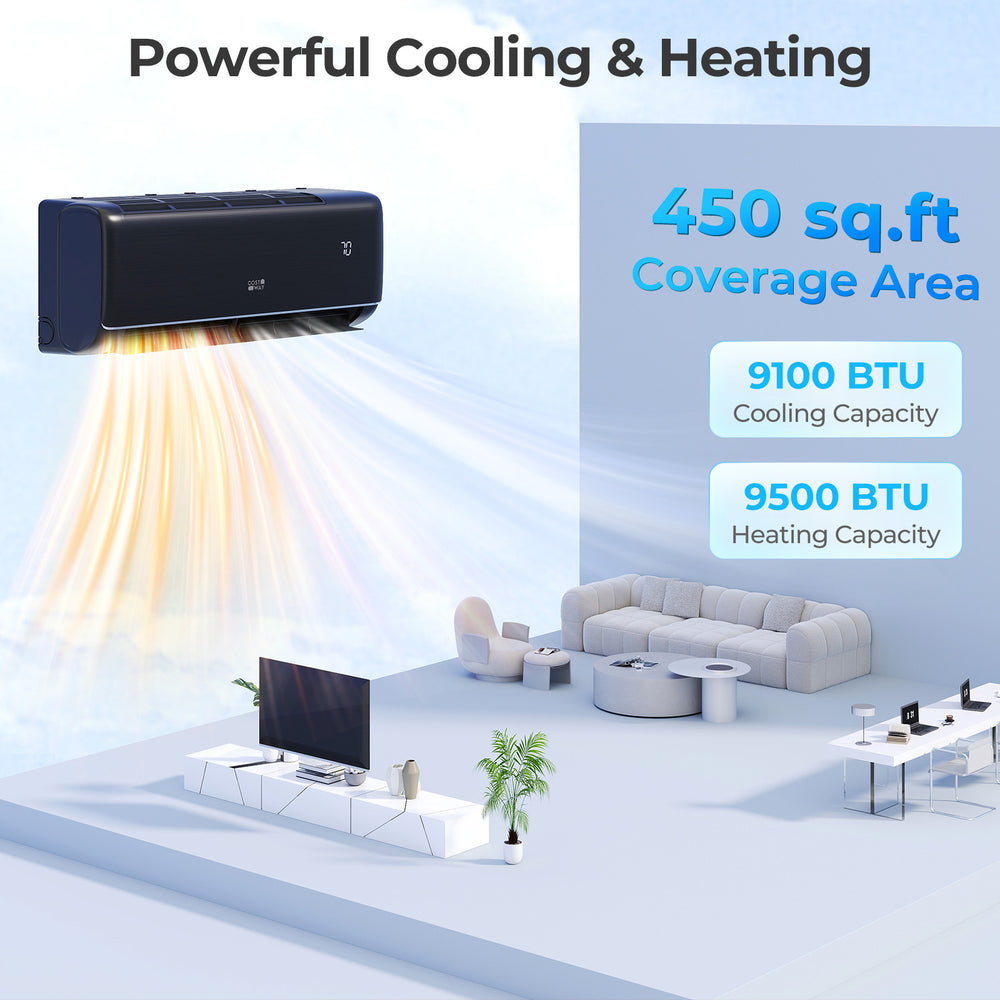 Mini split AC unit with 9100 BTU cooling and heating, WiFi enabled, for rooms up to 450 sq.ft, shown in a modern living.