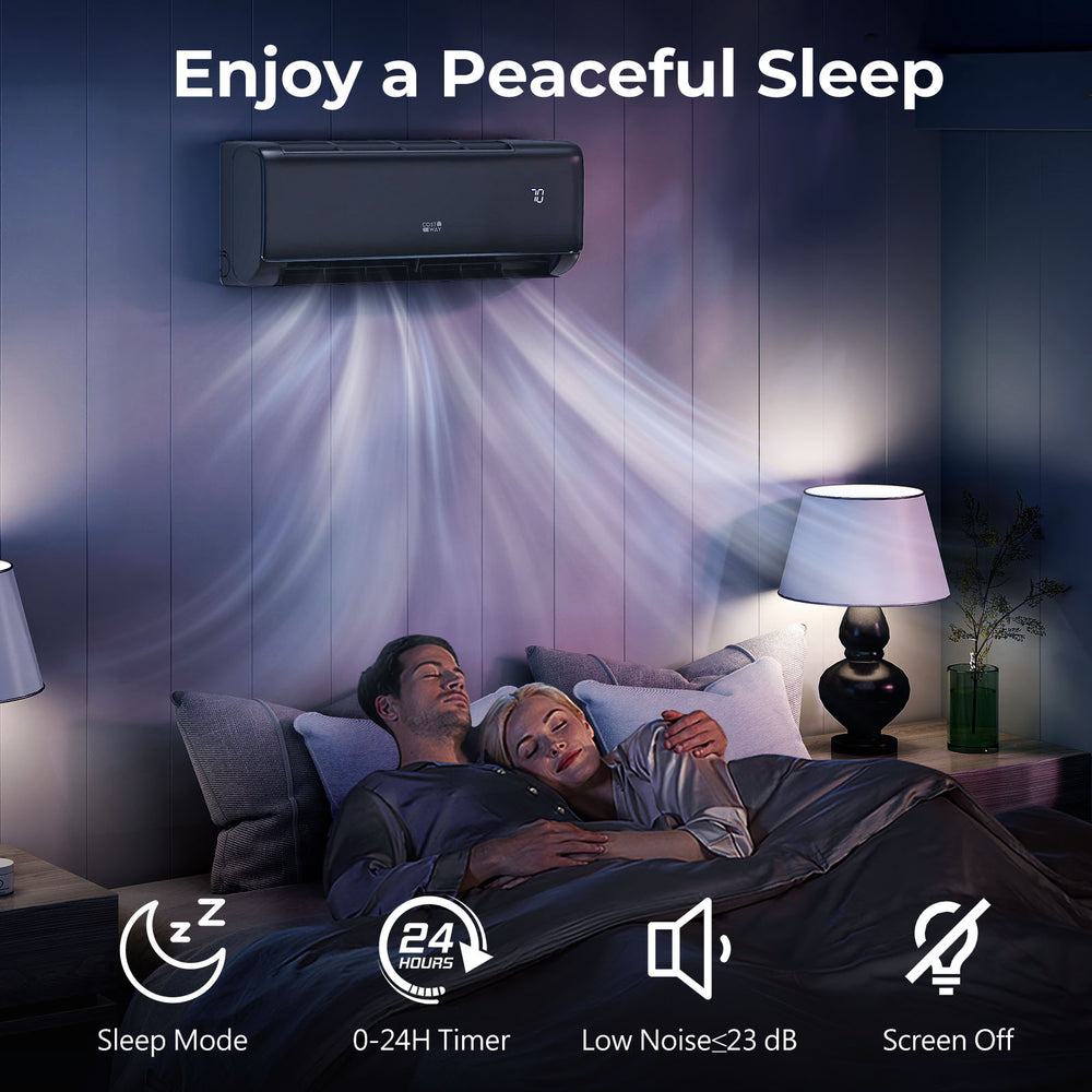 GreyVolt 9100 BTU mini split AC with low noise function, ideal for peaceful sleep in large rooms up to 450 sq.ft.