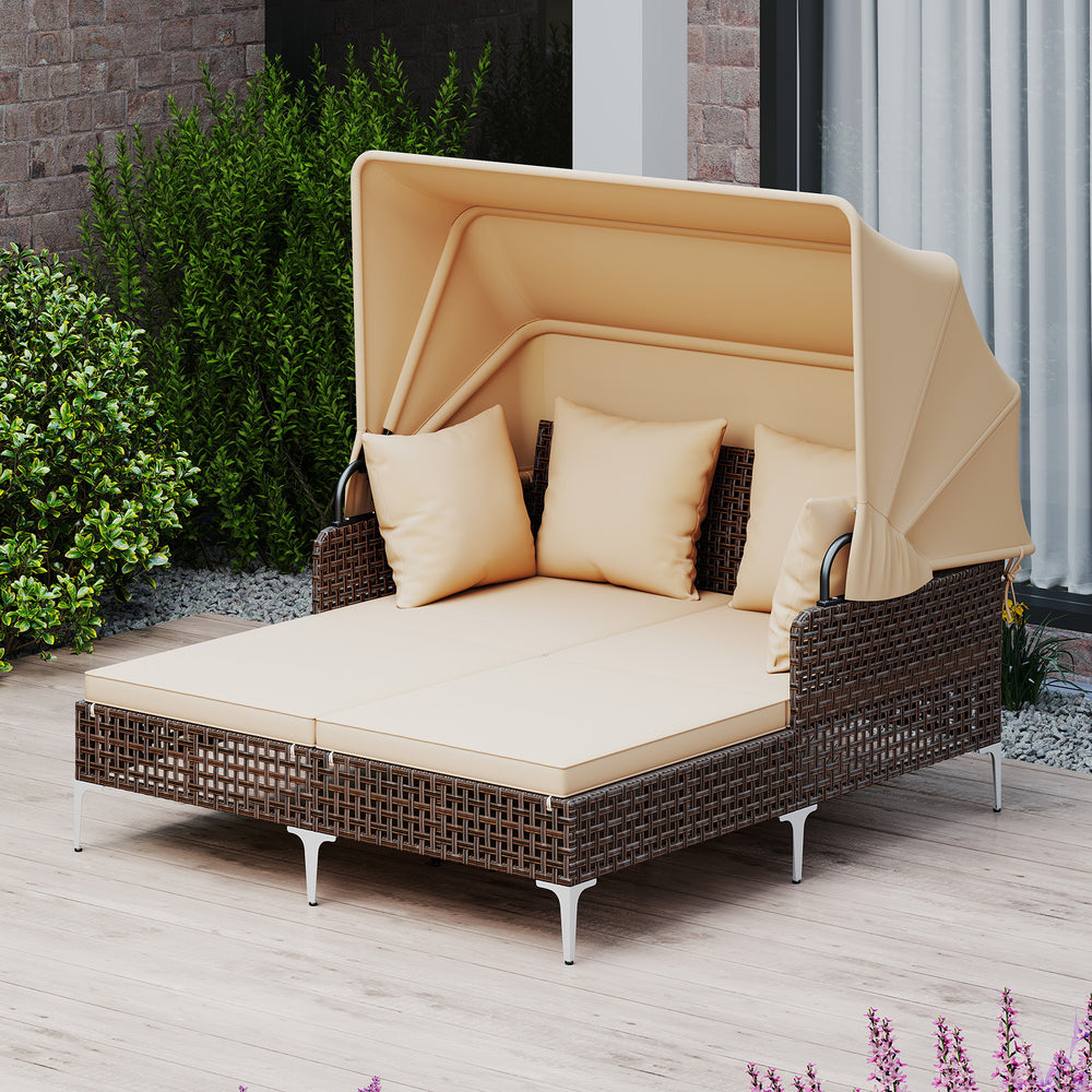 Outdoor Daybed with Retractable Canopy PE Wicker Rattan Patio Lounger-Brown - Gallery View 1 of 9