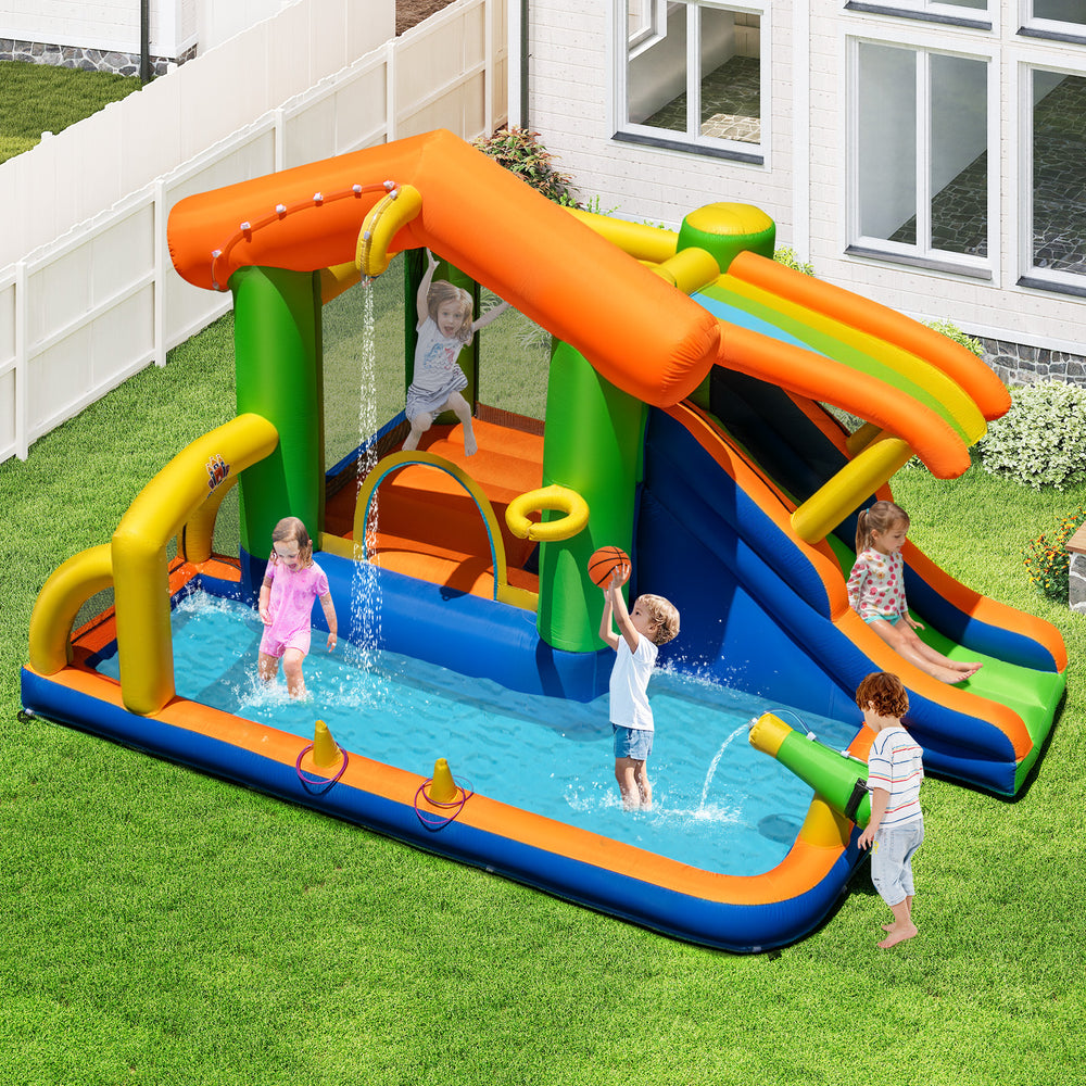 Colorful 8-in-1 inflatable bounce house water park with slide, climbing wall, and pool for kids' summer fun.