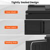 Close-up of the door latch and sealing strip of the 91 Qt insulated food pan carrier, designed to keep food fresh.
