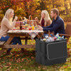 91 Qt insulated food pan carrier in black, shown with drinks and food at an outdoor picnic, ideal for parties and.