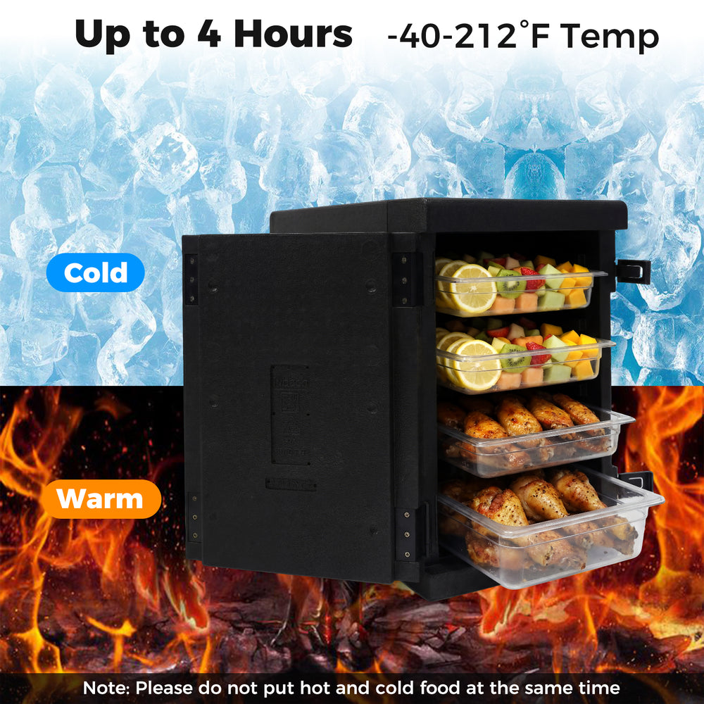 91 Qt insulated food pan carrier with safety buckles, featuring 3-layer insulation for cold or warm food storage.