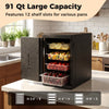 91 Qt insulated food pan carrier with 12 shelf slots, featuring safety buckles for secure transport and storage.