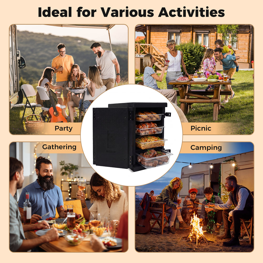 91 Qt insulated food pan carrier with safety buckles, ideal for parties, picnics, and camping, featuring customizable.