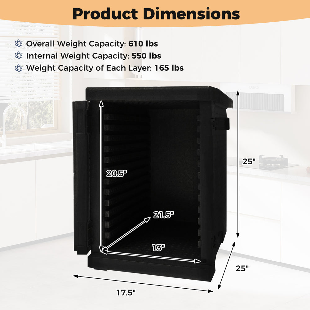 Insulated food pan carrier dimensions with 3-layer insulation, 12 shelf dividers, and safety buckles for outdoor events.