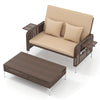 Brown rattan loveseat with soft cushions and adjustable backrest, paired with a matching ottoman for outdoor relaxation.