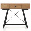 Vanity desk in rustic brown with flip top mirror, storage drawer, and heavy-duty metal frame for bedroom or office use.