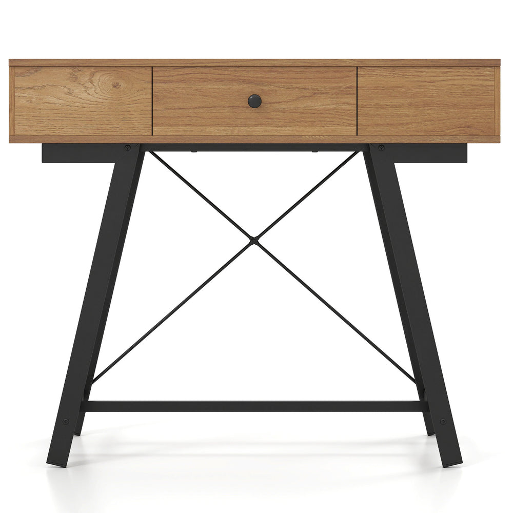 Vanity desk in rustic brown with flip top mirror, storage drawer, and heavy-duty metal frame for bedroom or office use.