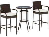 Bar height table and two chairs with white seat cushions, made of PE wicker, ideal for porch or poolside relaxation.