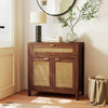 Brown sideboard storage cabinet with rattan doors and drawer, featuring elegant wood-grain finish for living room or.