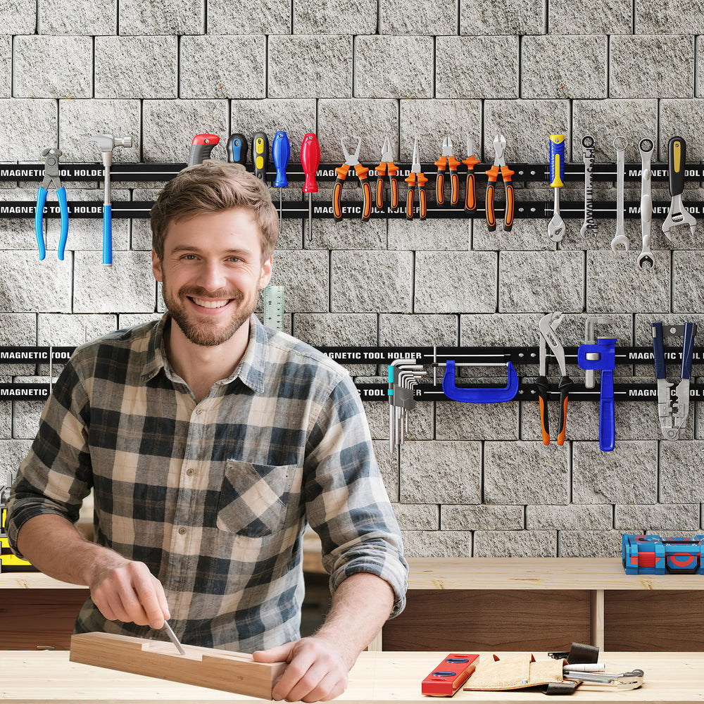 18-inch magnetic tool holder strip in black, securely holding tools on a wall for a tidy workspace.